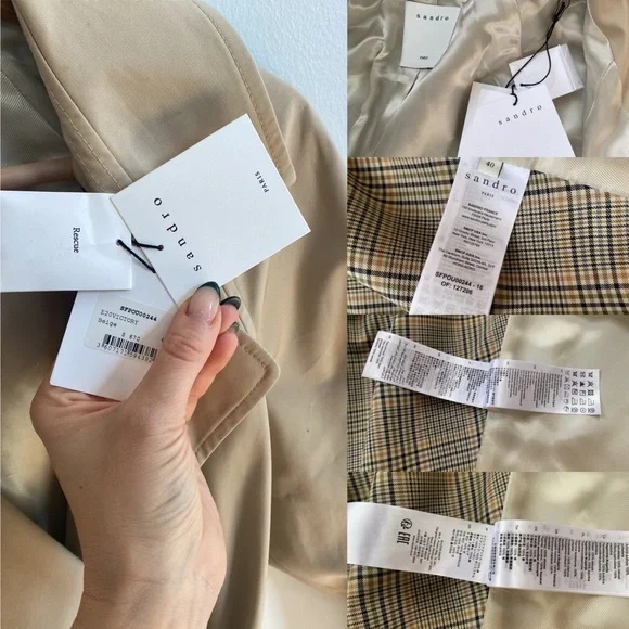 Sandro “Victory” Classic Trench Coat NWT with Plaid Back Detail Medium 40 - Picture 16 of 17